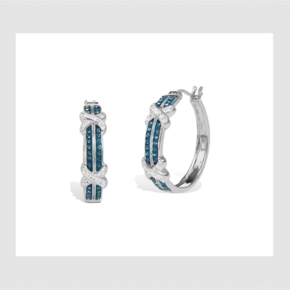 NWT Savvy Cie Rhodium Plated Pave Blue Crystal & SilverTone Hoop Earrings - Picture 12 of 12